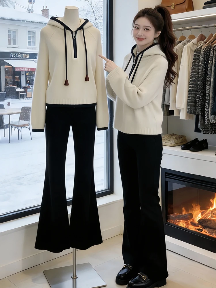 

Trendy Drawstring Knitted Sweater Women's Spring Autumn Slimming Half Zipper Hooded Sweater Comfortable Midweight Knitwear