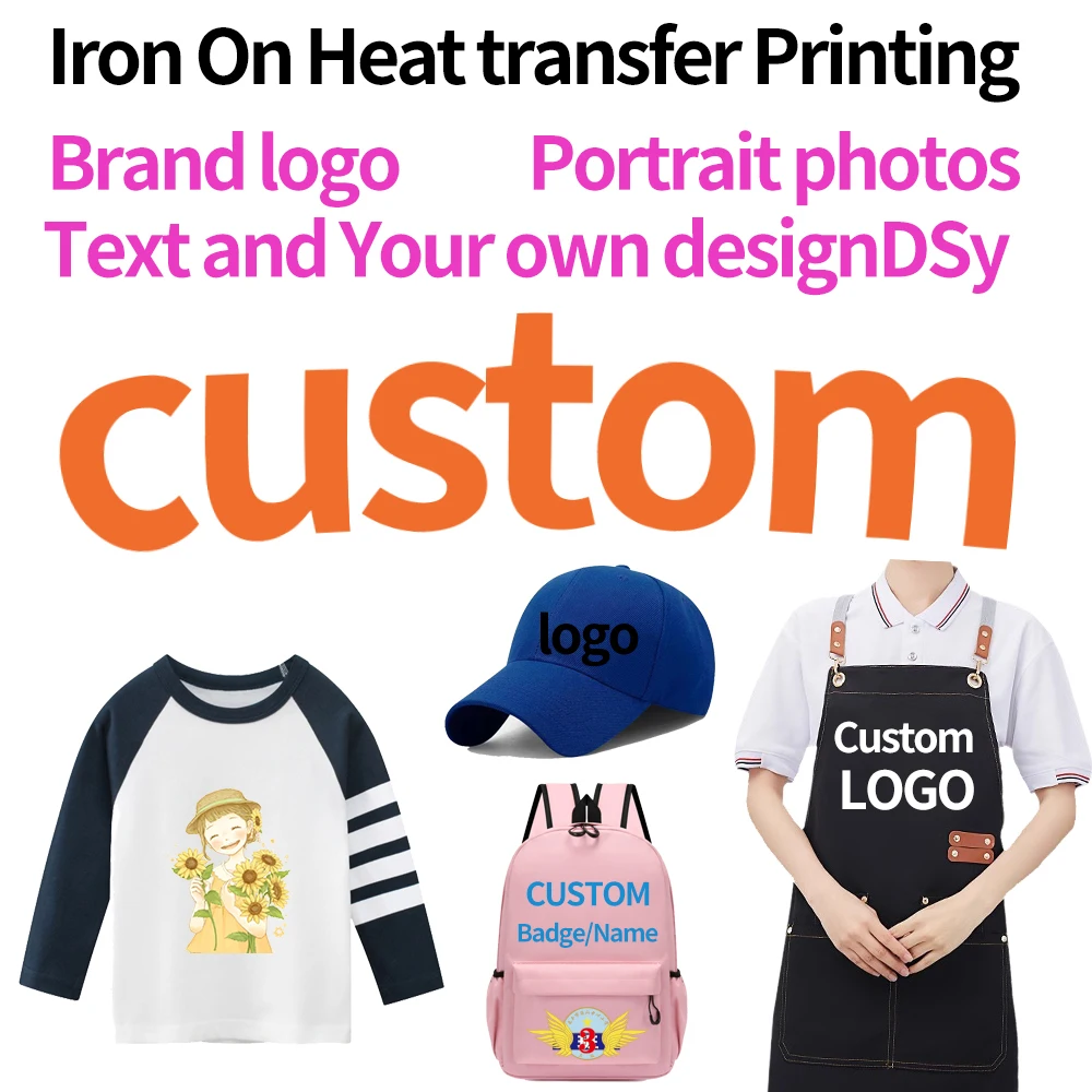 Custom DTF Iron On Heat Transfer Brand Logo Text and Portrait Images Stickers Printing DIY Clothing and Hats Washable Patches