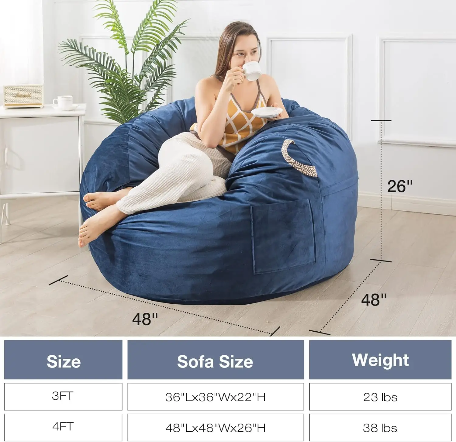 [Outer Cover] Large Bean Bag Chair, 4 ft Bean Bag Chairs for Adults/Kids with Filling,Soft Memory Foam Bean Bag with F