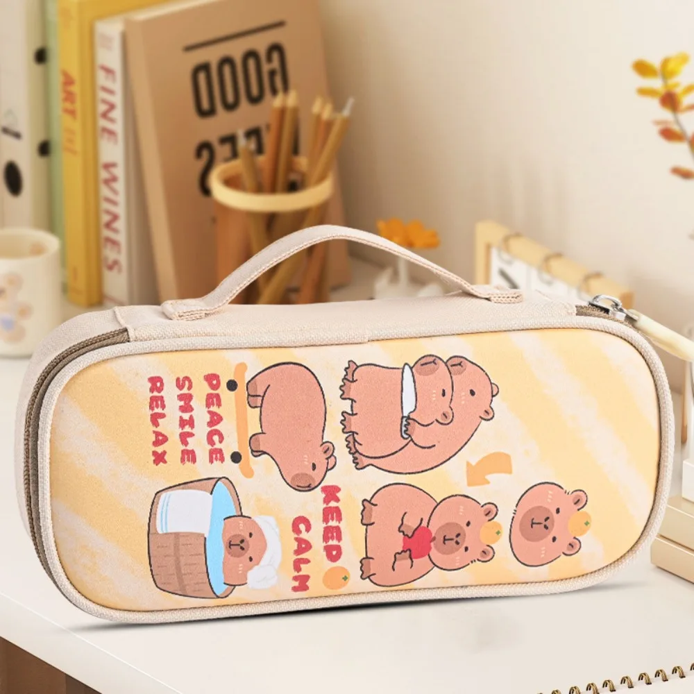 Funny Multi Layer Capybara Stationery Bag Pencil Cases Canvas Capibara Pencil Bag Kawaii Cute Cartoon Pen Pouch Children