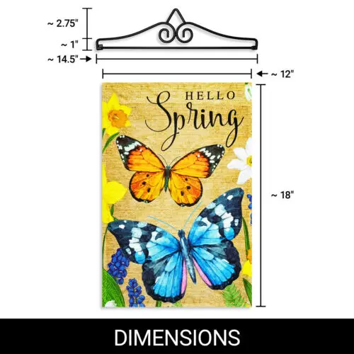 Garden Flag Hello Spring Butterflies Flowers 12x18IN & Hanger 14IN Printed Poly