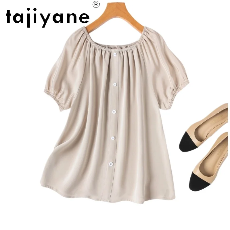 

TAJIYANE 30MM 93% Mulberry Silk Shirt Women Beige Puff Sleeve Blouse Elegant Summer Tops for Woman Clothing 2026 blusas de mujer