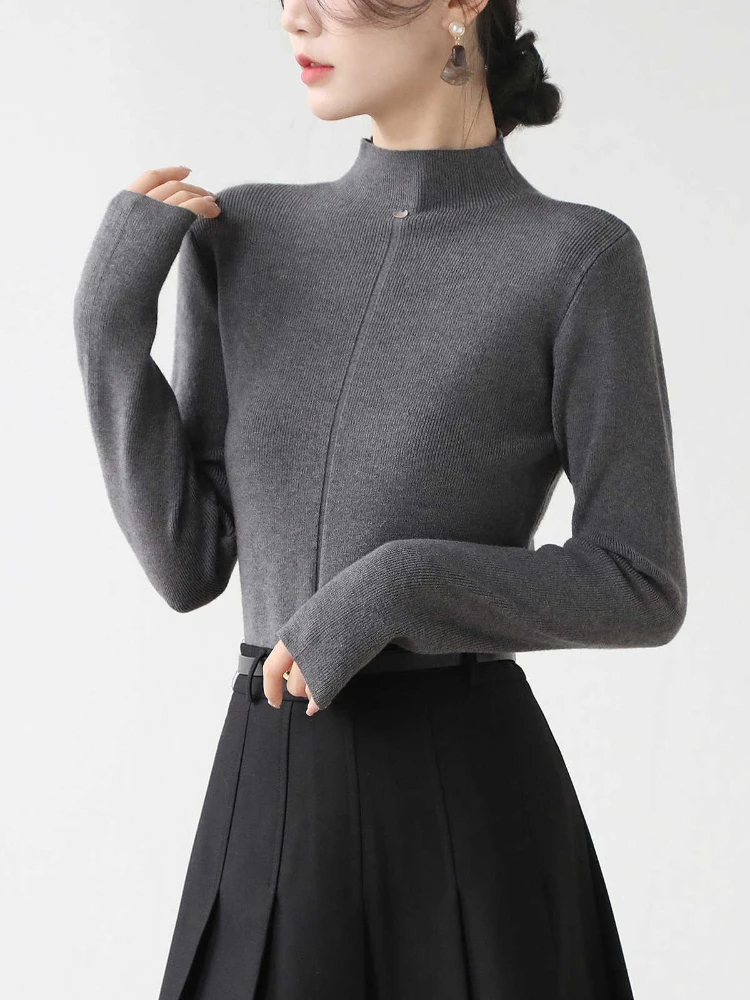 Elegant Minimalist Shell Button Pendant Women Pullover Autumn Winter Turtleneck Knit Sweater Thick Warm Inner Layering Base Tops