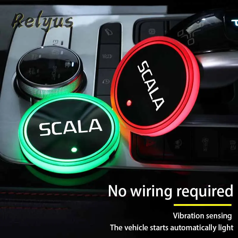 Luminous Car Water Cup Coaster Holder 7 Colorful USB Charging Car Led Atmosphere Light For Skoda Scala Vrs Auto Accessories