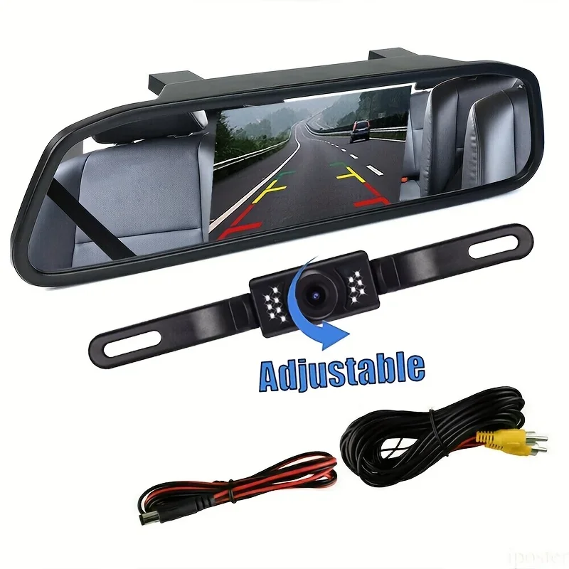 4.3-Inch Rear View Mirror Car Camera with 13LED, Adjustable License Plate, and Monitor Kit -  for Cars, Trucks, Vans, RVs, SUVs