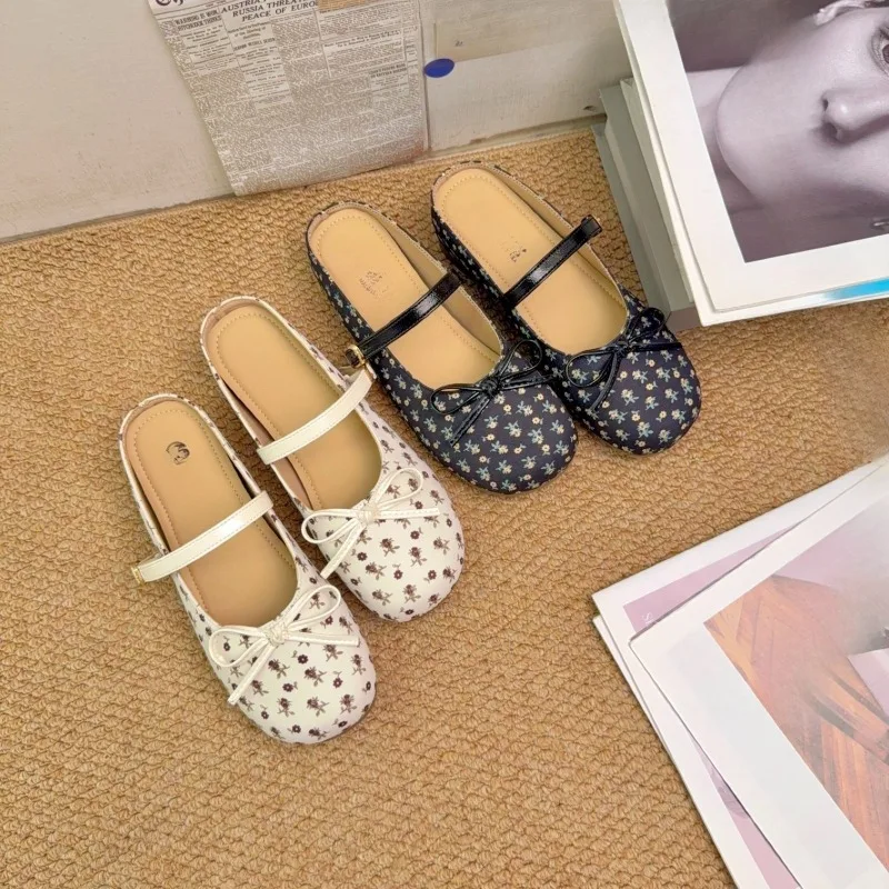 Fresh Flower Round Toe Mary Jane Shoes Women's Bow Gentle Girl Style Shallow Mouth Flats