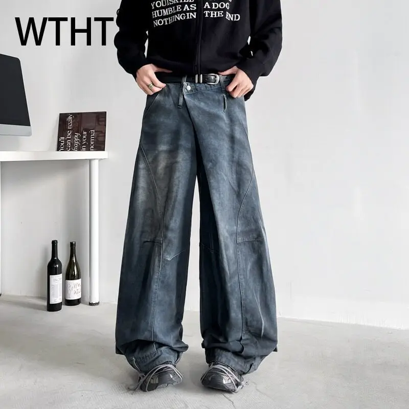 

WTHT Fashion Men's Patchwork Pockets Do Old Design Denim Pants Vintage 2025 Summe American Style High-waisted Jeans Male 2A0769