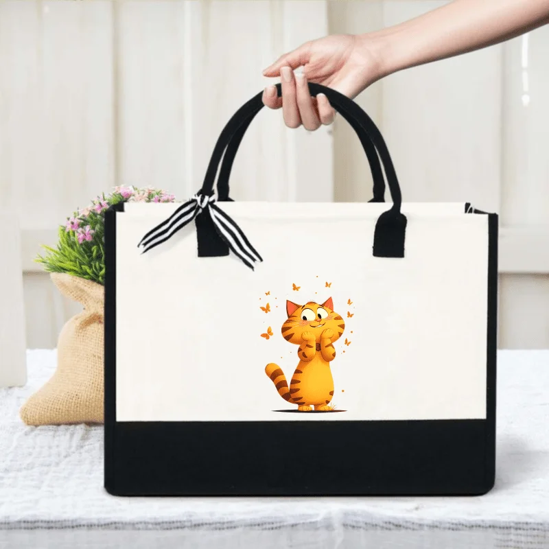 

Бело-черная холщовая сумка с мультяшным принтом кота для повседневного использования