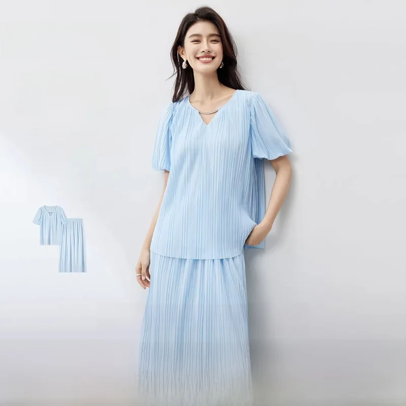 

Women's Bubble Sve Top And f Skirt Set V-Ne Flared Skirt Two-Piece Suit Spring 2026 New Sle Polyester Fabric Summer...