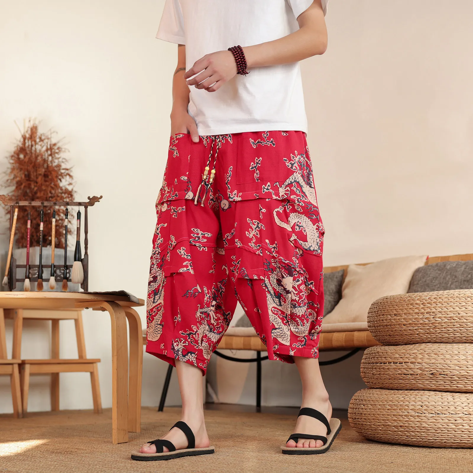 メンズ中国風ドラゴンプリントハーレムパンツクロップドワイドレッグパンツ、ドローストリングウエスト付き、夏カジュアルストリートウェアボトムス