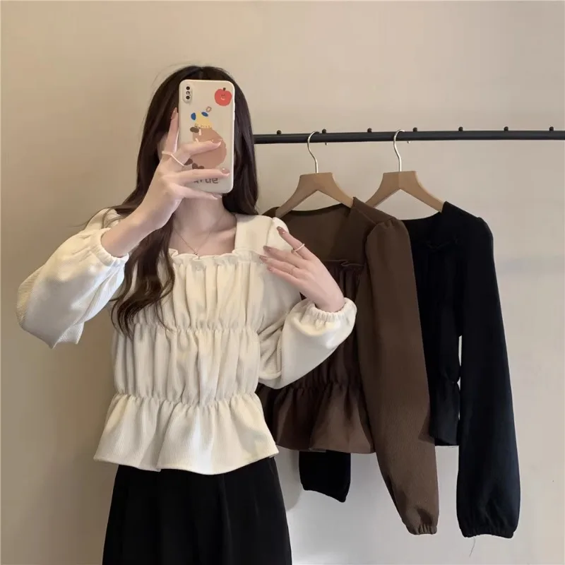 Square Collar Folds Lantern Long Sleeve Short Shirt Korean Style Slim Elegant Autumn Corduroy Clothing Office Lady All-match