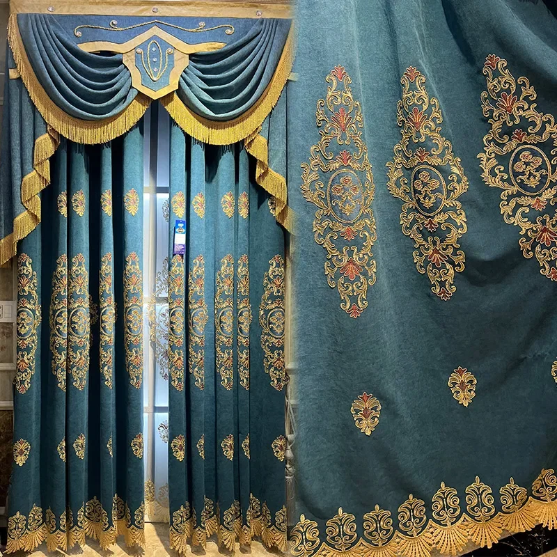 Blue Water Soluble Embroidery Window Screen Chenille Curtains for Living Room Bedroom French Window Balcony Window Customized