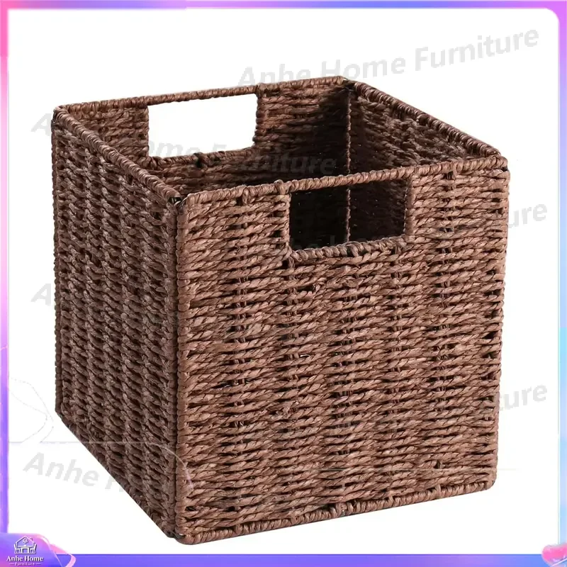 Foldable Woven Storage Basket Desktop Organizer for Books Snacks Cosmetics Sundries Blue Collapsible Home Office Shelf Bin