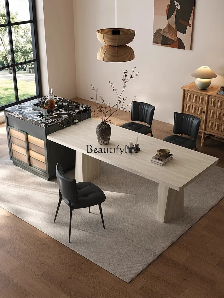 

French retro travertine rock slab dining table small apartment