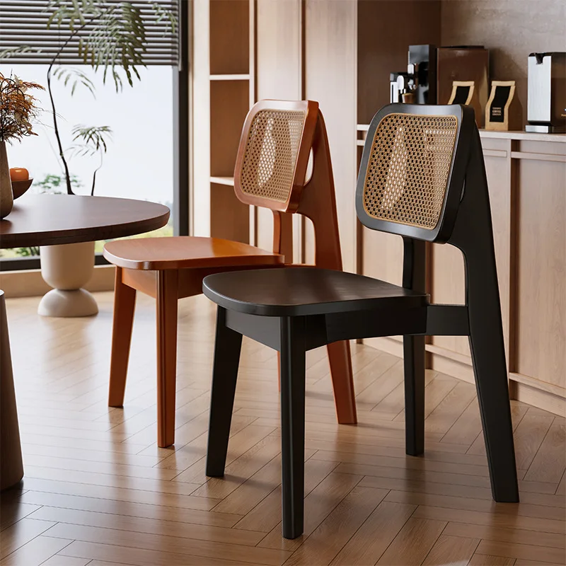 

Medieval rattan dining chair home modern tea table dining table chair back chair casual retro designer black solid wood