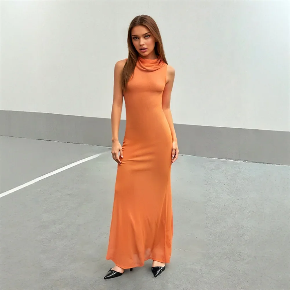 فساتين نسائية صيفية كاجوال بسيطة بدون أكمام ورقبة دائرية فساتين ماكسي ملفوفة يومية أساسية #1