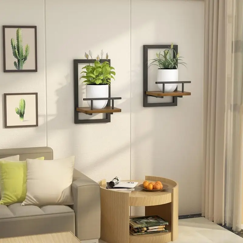 Set of 2 Wall-Mounted Floating Shelves for Indoor Plants Kitchen Bathroom Bedroom Office Living Room Storage Organizer Rack