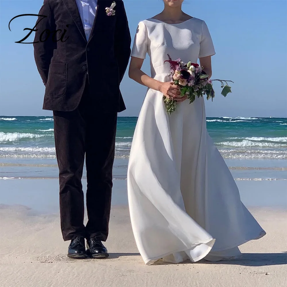

Zoci Short Sleeves Satin A Line Korea Wedding Dresses Simple Long Reception Dress Customized Bridal Gown Photos Shoot