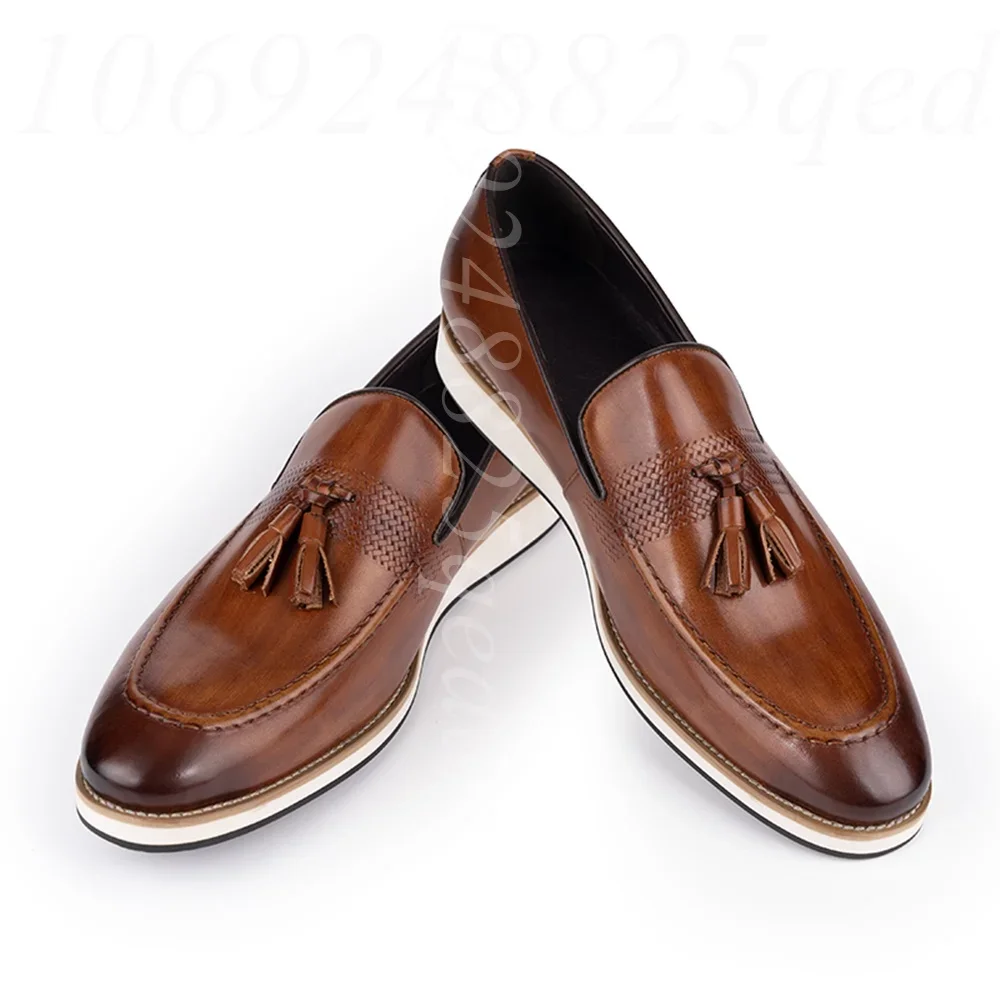 Men's Tassel Loafers Genuine Leather Slip On Dress Shoes with Woven Texture, Classic Penny Loafer Style for Business Formal Wear