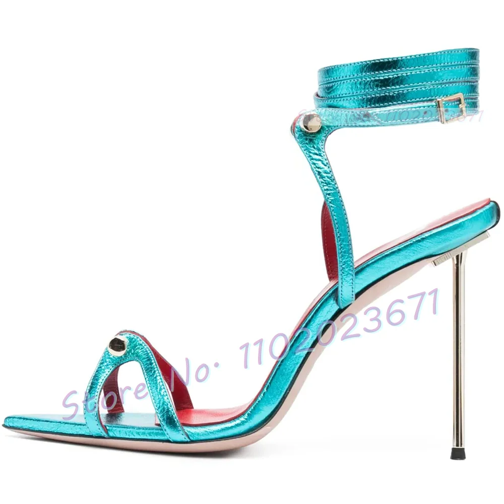 

Blue Patent Metal Heels Sandals With Pin Women High Heels Cross Strap Shoes 2023 Summer Ladies Party Luxury Sexy Casual Shoes