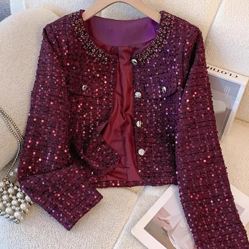 

New Fashion Beading Tweed Jacket Women Winter Vintage O-Neck Single Breasted Sequins Coat Female Elegant Office Outerwear T1502