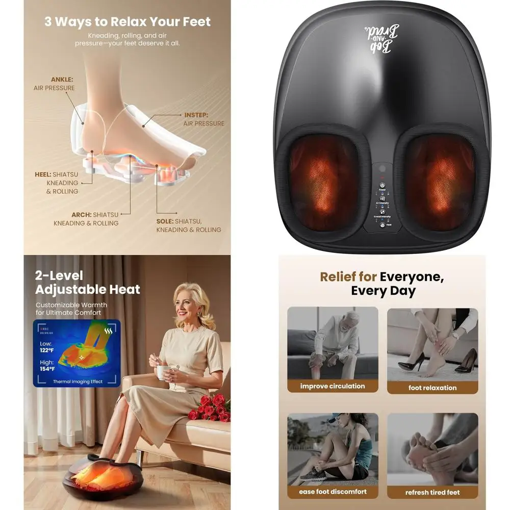 

Heated Shiatsu Massager with Deep Kneading & Air Compression for Plantar Fasciitis, Electric Foot Massager for US Size 12, Ideal