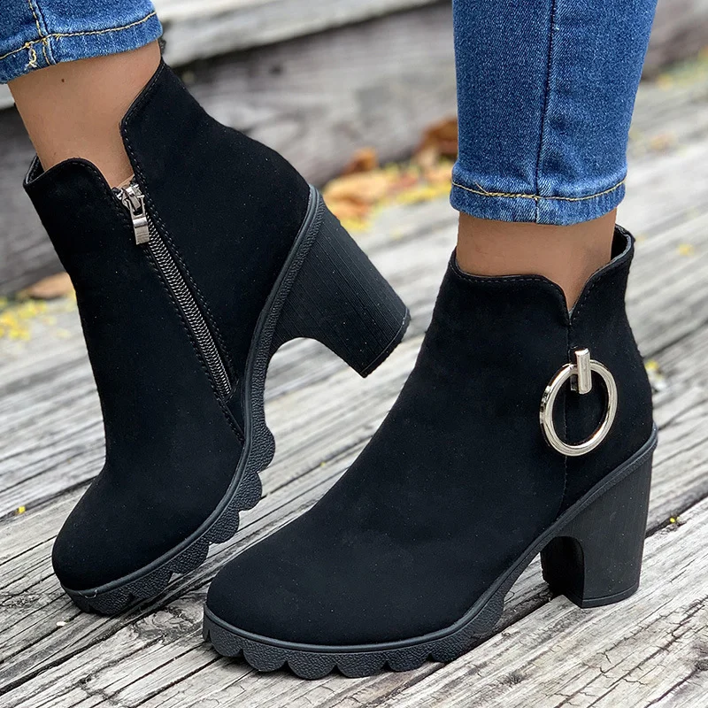 Woman Ankle Boots Spring Autumn Pointed Toe Low Heel Single Boots Black Heeled Suede Thick Heel Black Short Boots Big Size 42