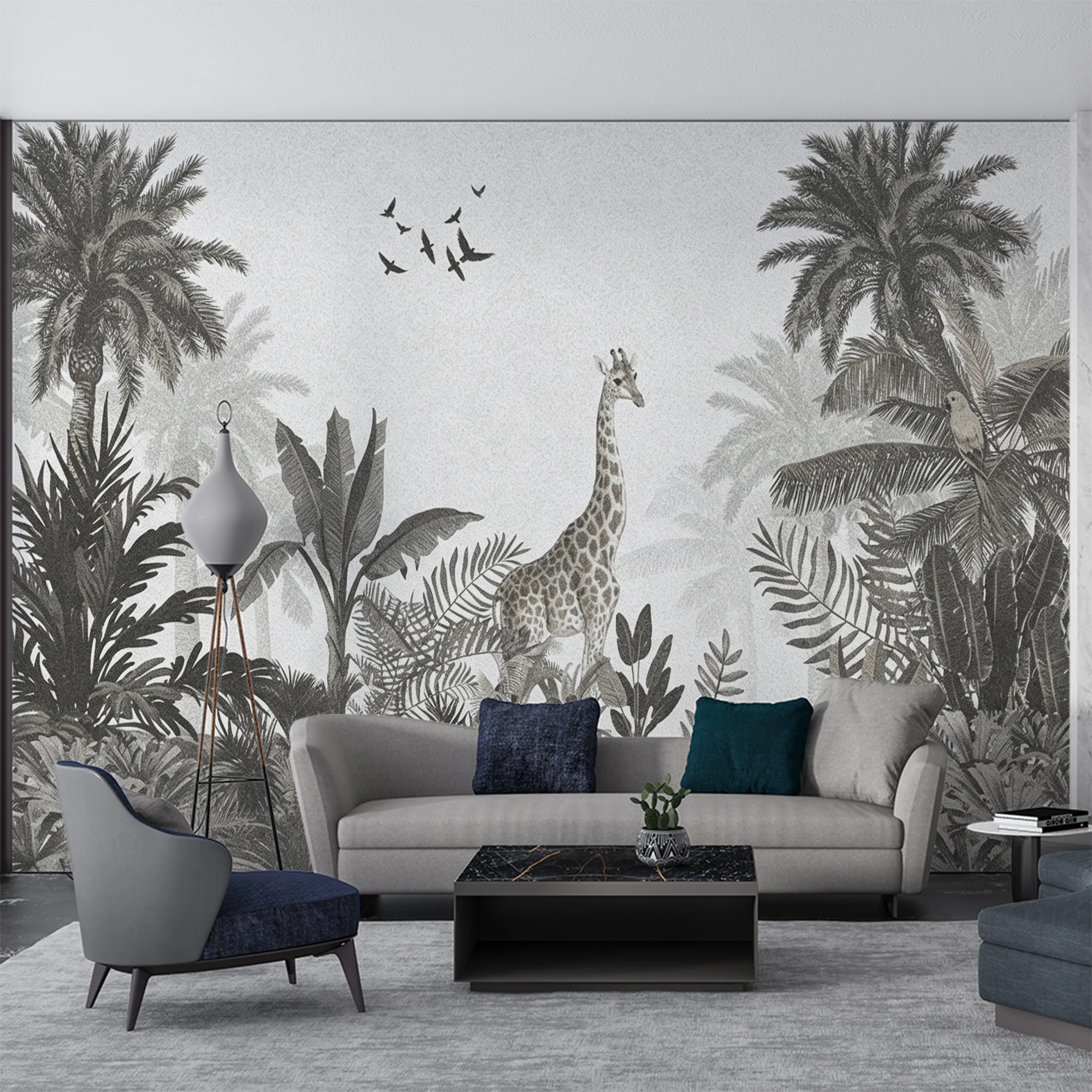 Custom Grey Vintage Safari Giraffe Wall Mural Tropical Jungle Palm Tree Bird Animal Wallpaper for Living Room Bedroom Kids Room