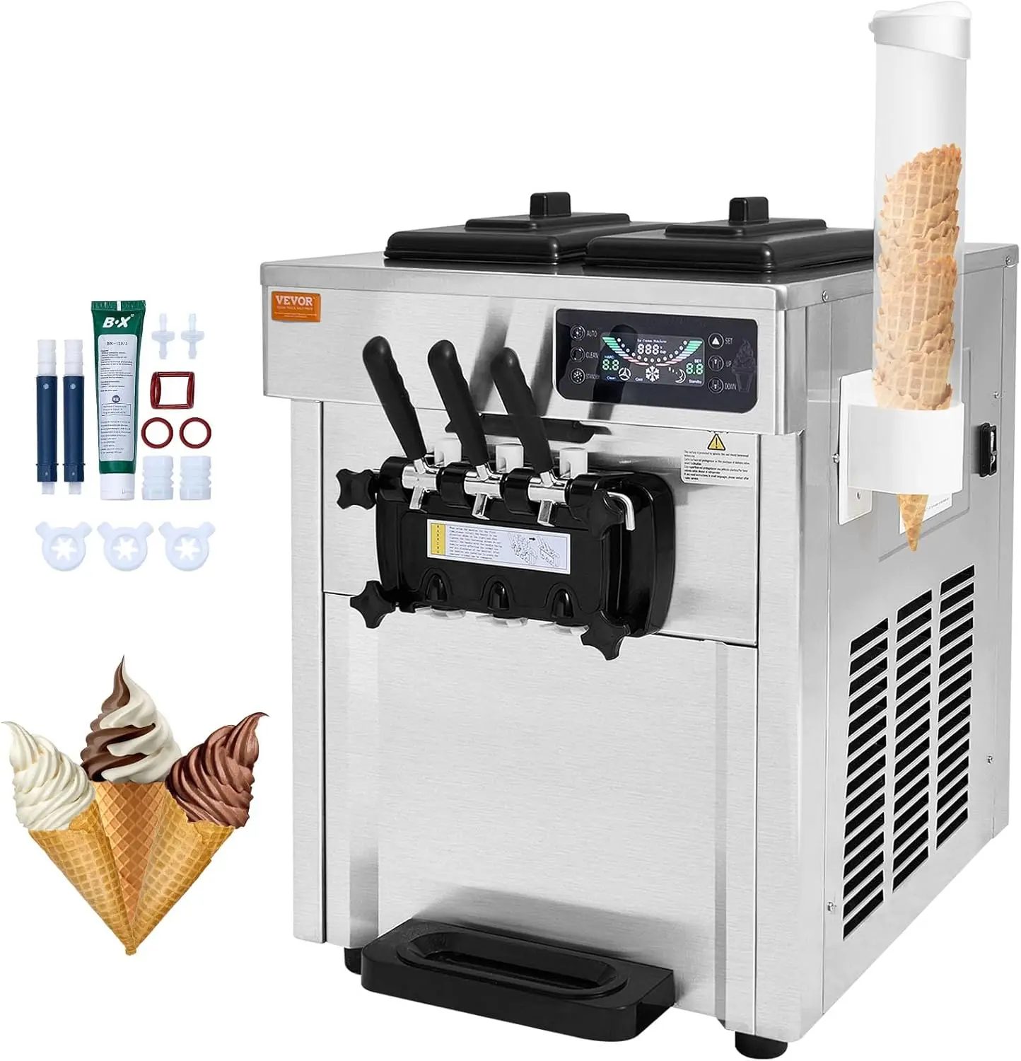 

Commercial Ice Cream Machine, 18-28 L/H Yield, 1850W 3-Flavor Countertop Soft Serve Ice Cream Maker, 2 x 5.5L USA