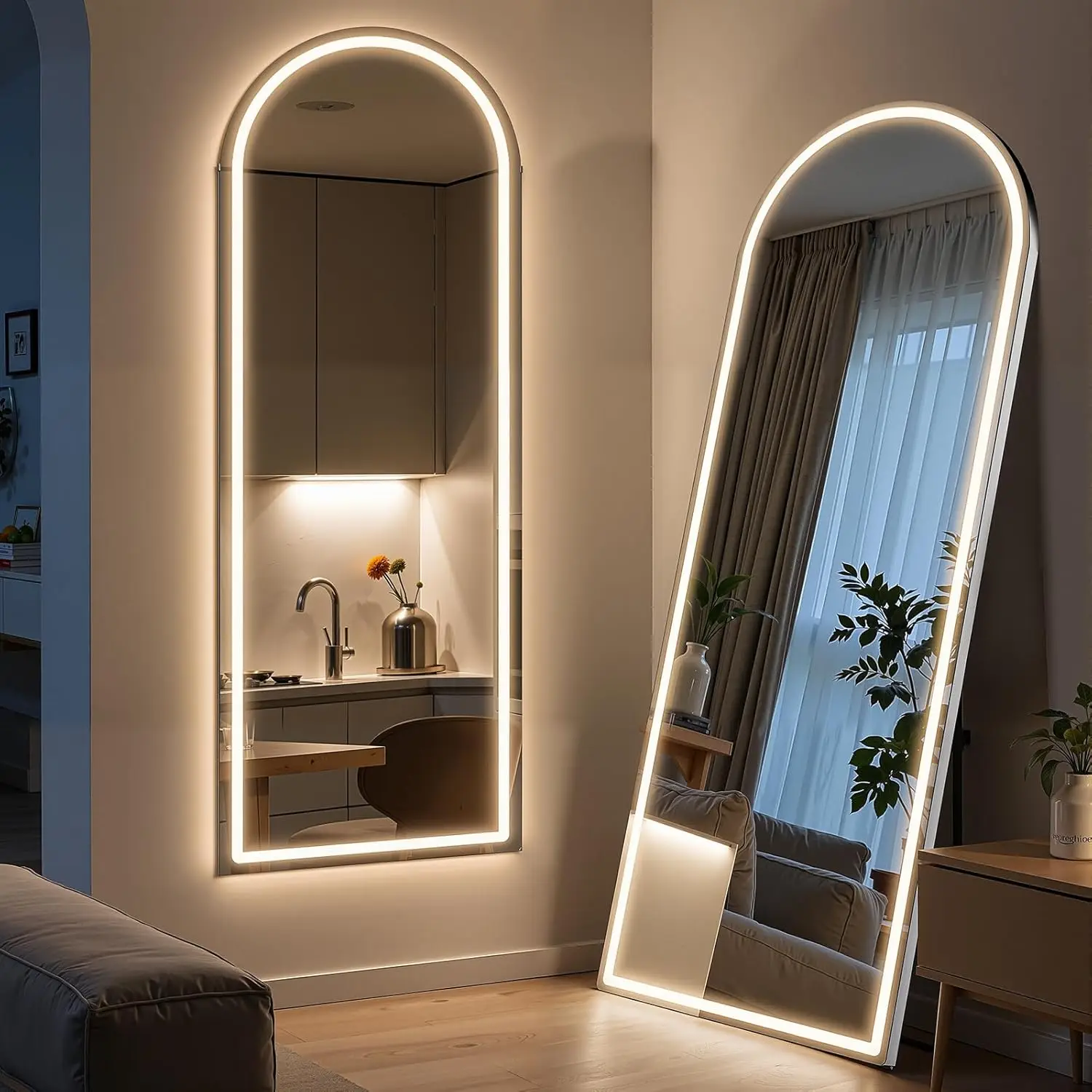 مرآة مقوسة كاملة الطول مع أضواء LED، مرآة أرضية LED مقاس 60 × 16 بوصة مع حامل، مرايا أرضية للجسم مع إضاءة خافتة بثلاثة ألوان