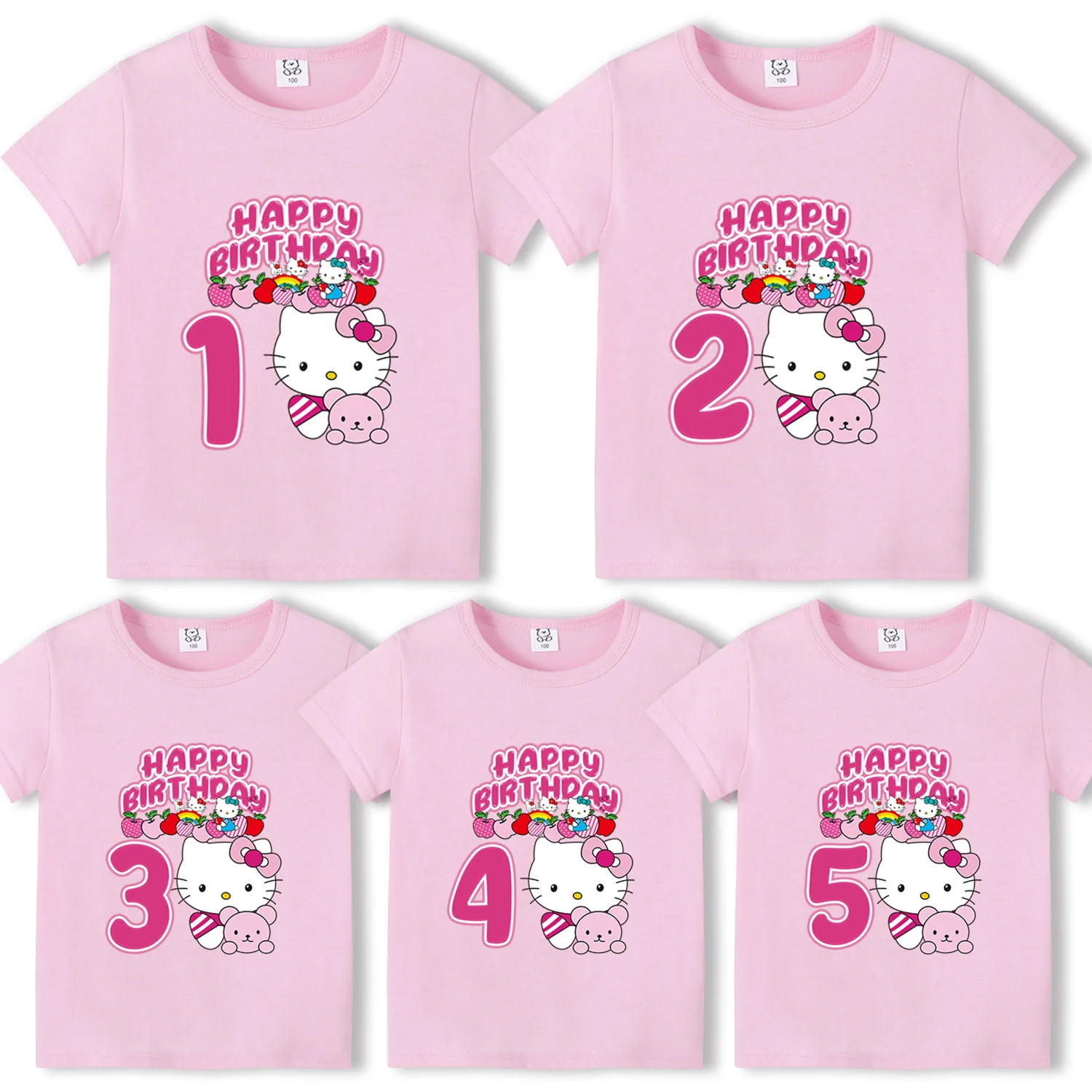 Hello Kitty T-shirt for Children Sanrio Birthday Numbers Pink T-shirt Cute Cartoon Short Sleeve Girl Loose Clothing Kids Gift