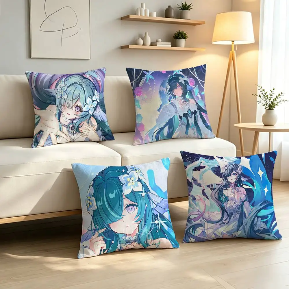 Water Siren Genshin Vodyanitsa  Pillow Case Pattern Printed Pillowcase For Living Room Sofa Cushion Cover