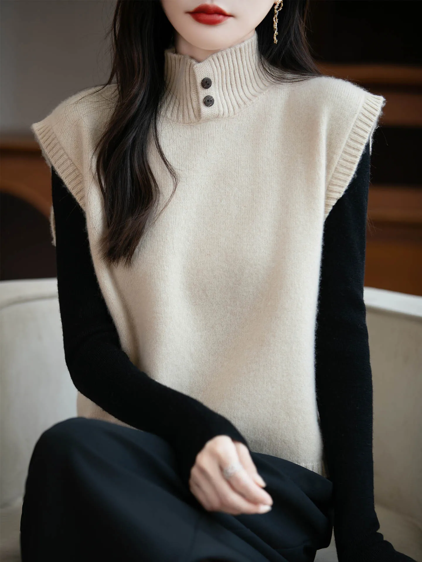 

Women's 100% Merino Wool Top Cashmere Autumn Winter Fashion Soft Vest Pullover Bussiness Causal Vest V-neck