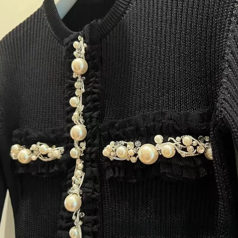 Elegant Black Diamond Embellished Knitted Open Cardigan Women's Autumn Fashion Sweater Top High-End Small Fragrance Style view 4