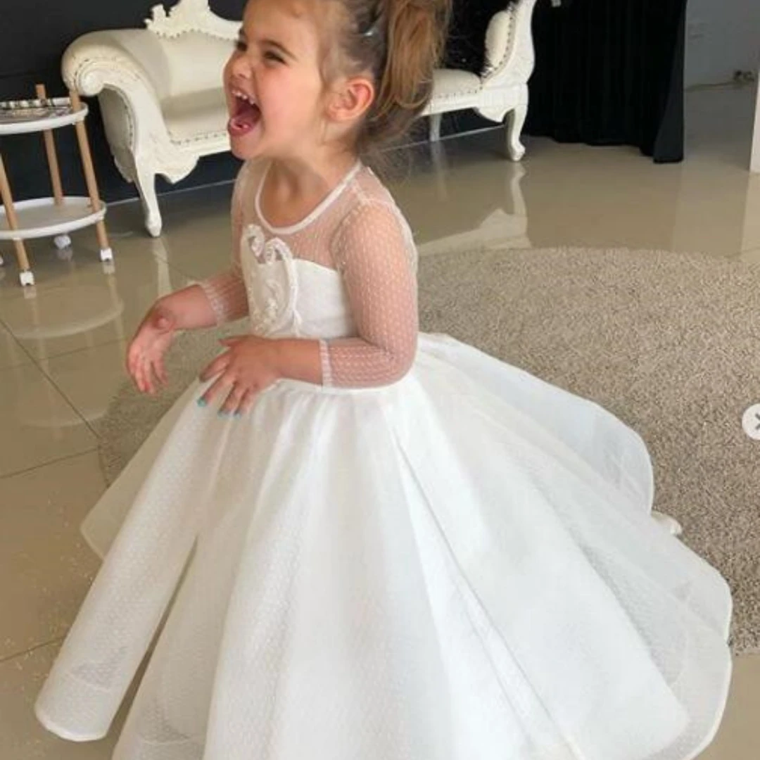 

Kids Bridesmaid Dress for Girls Flower Long Sleeve Floral Lace Tulle A Line Gown Appqulies Wedding Even