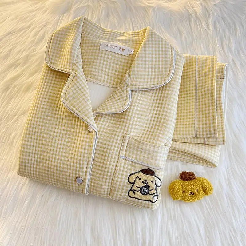 Sanrio pajamas for women spring and autumn women\'s Japanese pure cotton thickened long-sleeved plaid Pompom Purin home wear set