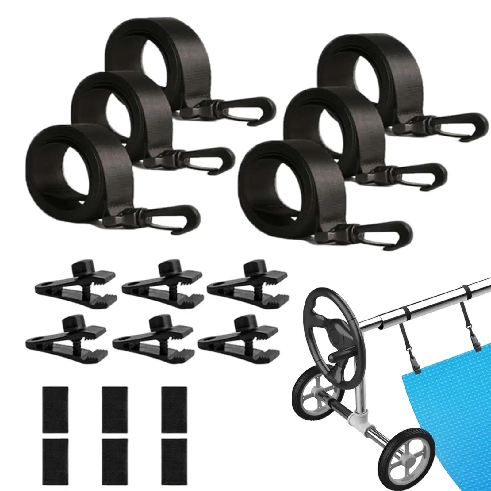 6pcs Solar Cover Reel Attachment set Reel Blanket Straps 6 Touch Fastener 6 Clips Inground Swimming Pool Solar Cover Straps