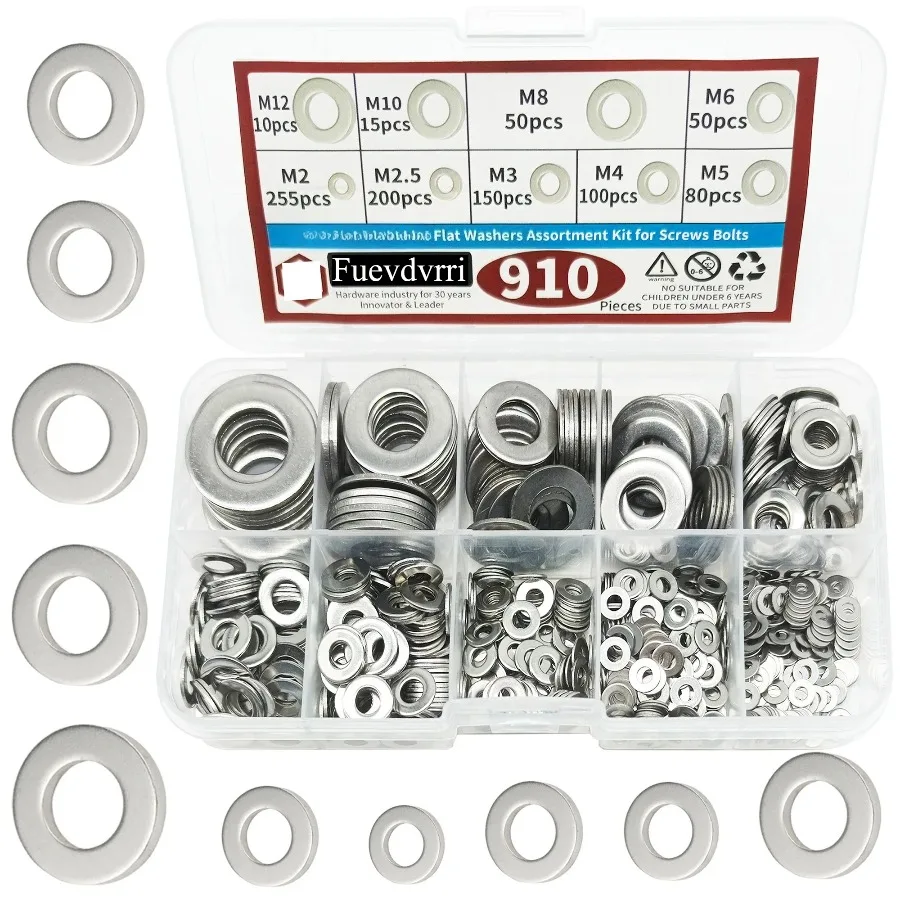 Kit de Surtido de Arandelas Planas de Acero de 910 Piezas y 9 Tamaños (M2 M2.5 M3 M4 M5 M6 M8 M10 M12) Adecuado para Decoración del Hogar
