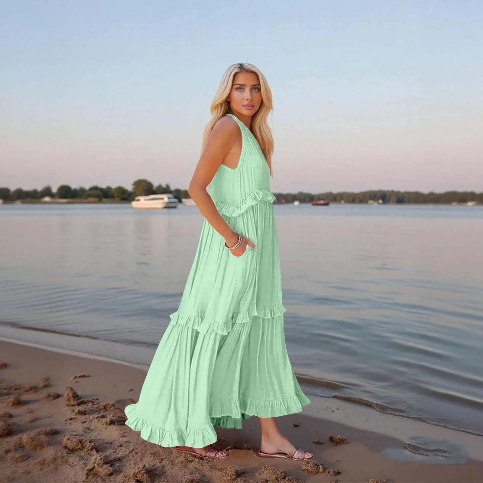 Frauen Rüschensaum geschichtete lange Kleider Sommer ärmelloses rückenfreies Kleid Mode langes Kleid Big Swing Strandkleid Vestidos