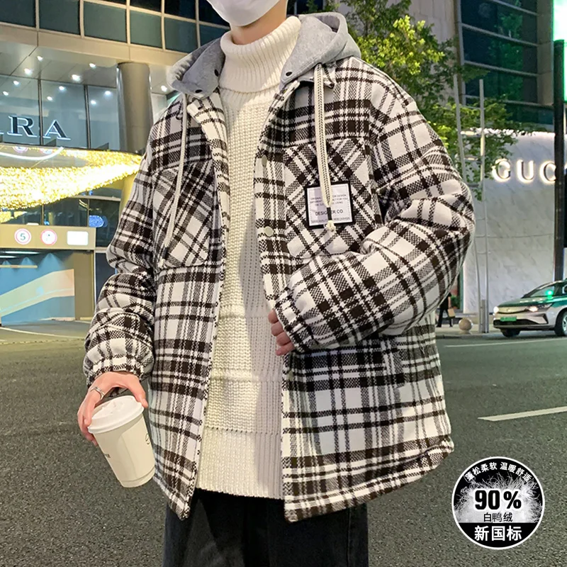 Casual 2024 Winter Men's Plaid White Duck Down Jackets Outwear Windproof Loose Warm Puffer Coats Youth Thicken Top Down Clothing