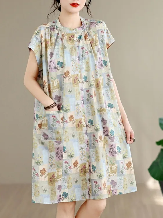 

Casual Floral Print Short Sleeve Shirt Women's plus Size Clothing Stand Collar Button Design Loose Fit Summer Top