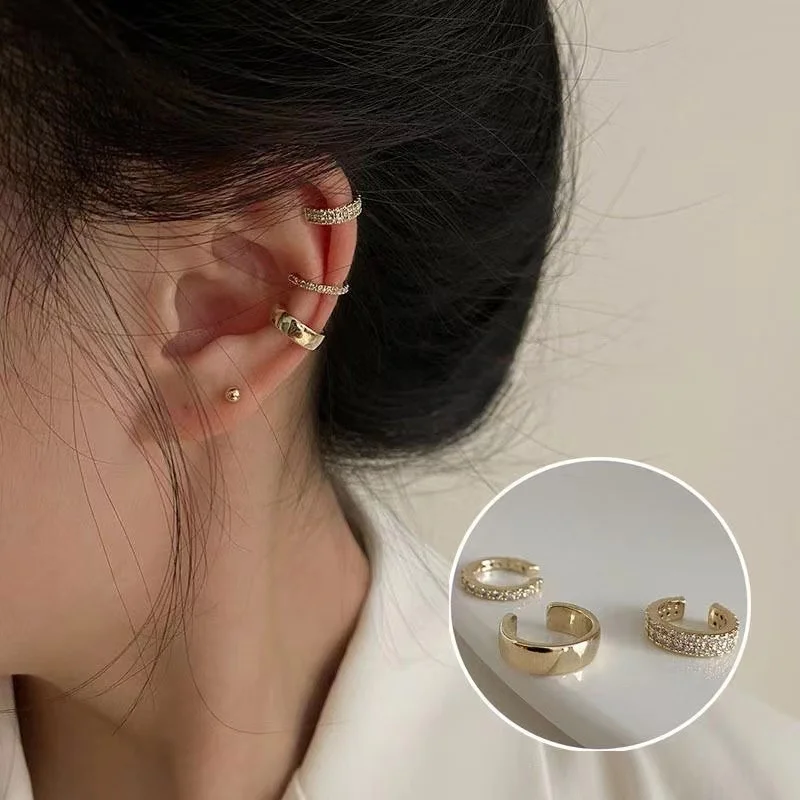 3Pcs Fashion Gold Color Circle Non-Piercing Ear Clip Earrings for Women Crystal Zircon No Piercings Fake Cartilage Ear Jewelry