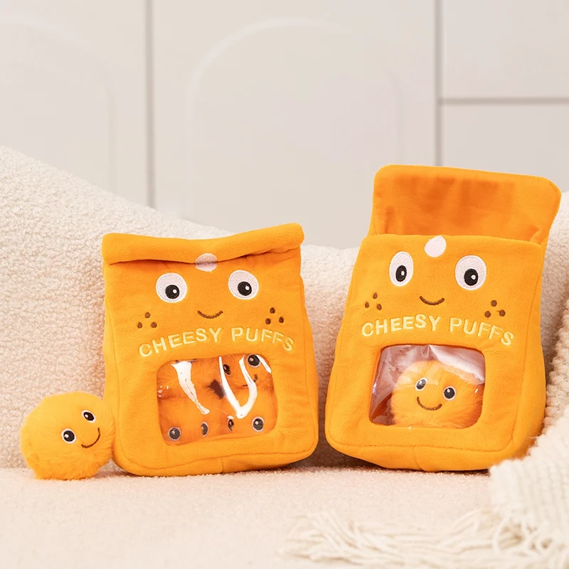 Cute Cheesy Puffs Snack Bag Plush Toy Orange Square With Pompom Snacks Inside And Kawaii Face Soft Cuddly Accent Creative