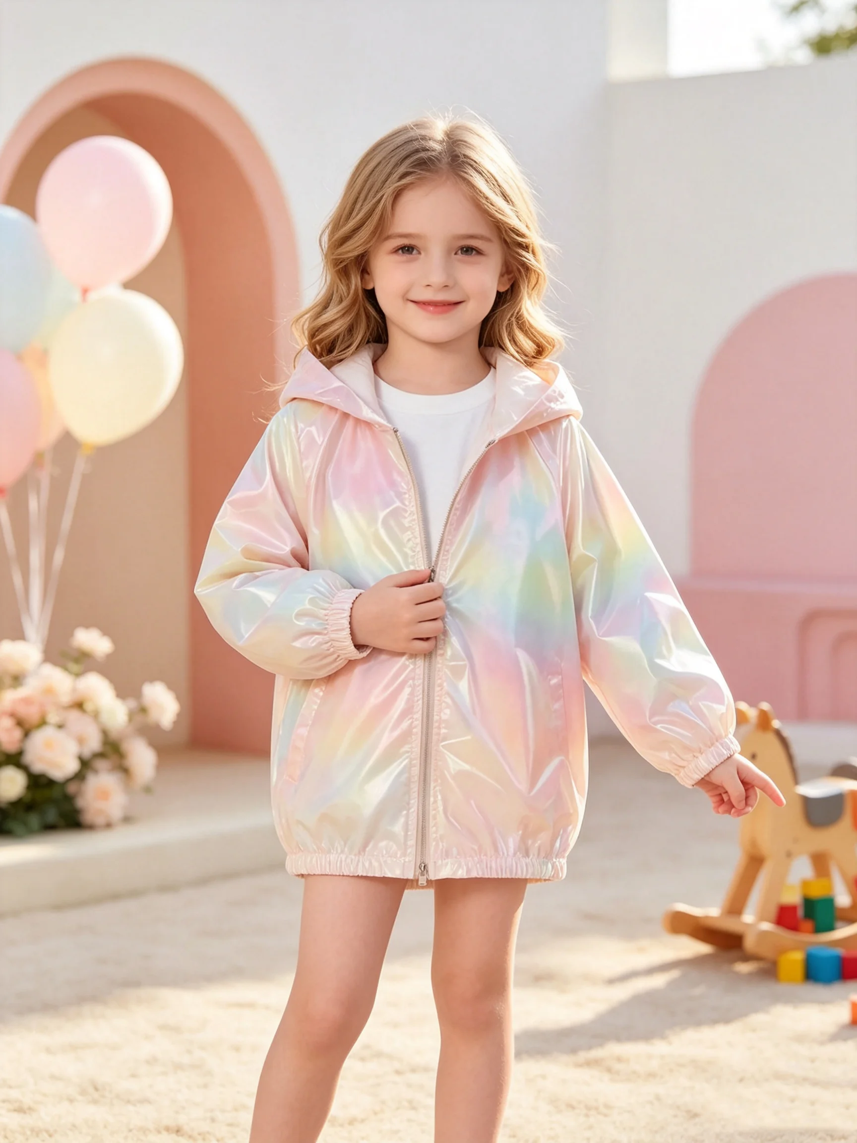 Children's Ultra-Thin Long-Sleeved Hooded Jacket with Shiny Zipper Fashionable Trendy Style Dreamy Kids' Outerwear