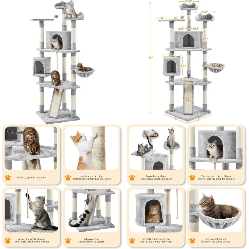 

Многоуровневая 79-дюймовая башня для кошек с когтеточкой, игровым домиком в помещении и мебелью для котят и кошек