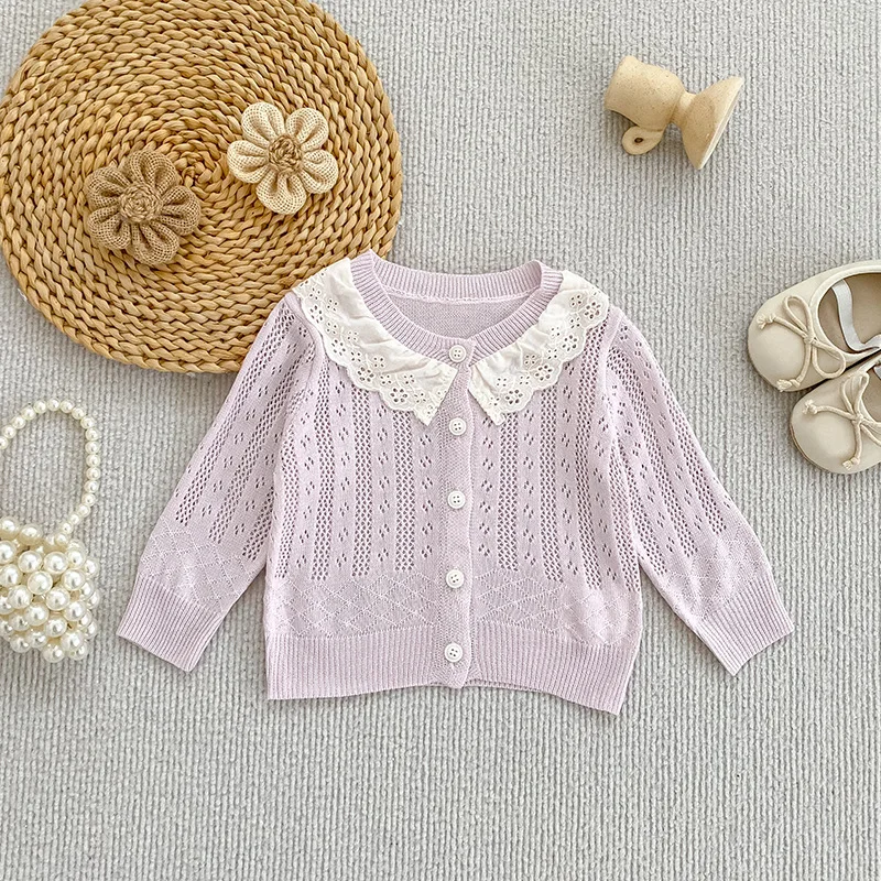 2026 Summer New Baby Thin Hollow Solid Color Soft Sticky Lace Collar Lace Button Cardigan