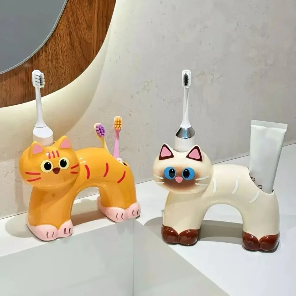 Ceramic Cat Toothbrush Holder Creative 2 Slot Toothbrush Storage Rack Reusable Anti-Slip Base Electric Toothbrush Stand