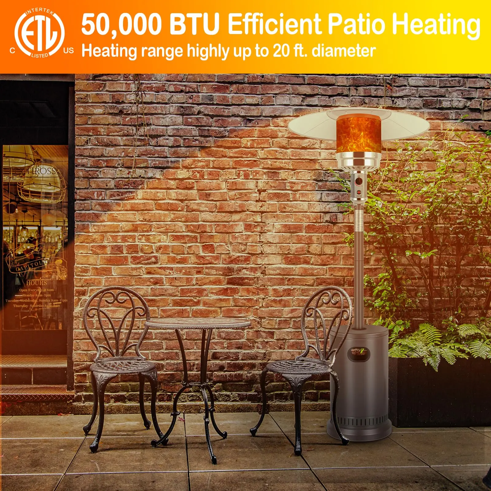 50,000 BTU Patio Heater with Sand Box, Table Design, Double-Layer Stainless Steel Burner, Wheels, Tip-over Protection