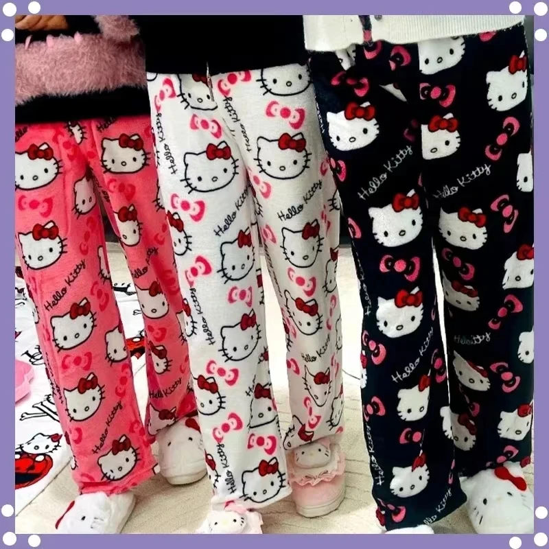 Hot Sanrios Y2K Hellokitty Girl Plush Pajamas Pants Anime Winter Loose Sweatpants Cartoon Thickened Trousers Cute Wide Leg Pants