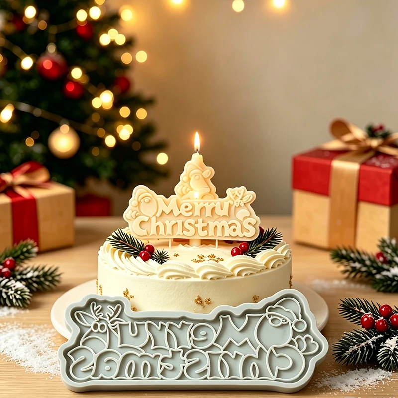 Merry Christmas Sign Silicone Candle Mold 3D Christmas Cake Topper Chocolate Fondant Biscuit Soap Aroma Craft Mold Xmas Decor
